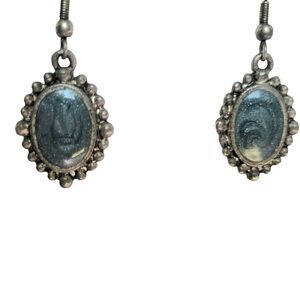 Ornate Pewter-tone Oval Dangle Earrings With Iridescent Blue Stones